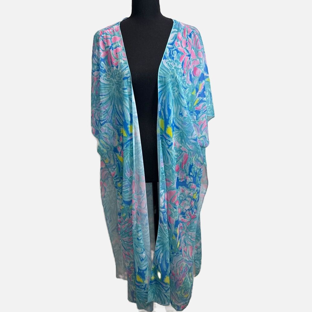 Hibluco Colorful Floral Duster Sheer Kimono Resort Boho Festival Beach Sz Large